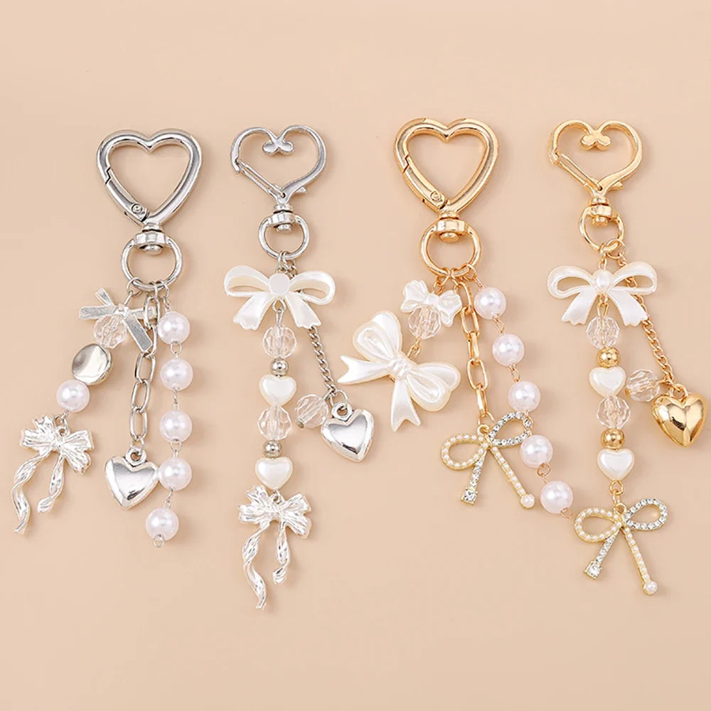 Cute Bowknot Heart Keychain - Crystal Pearl Pendant Charm for Women, Girls & Handbag Decoration