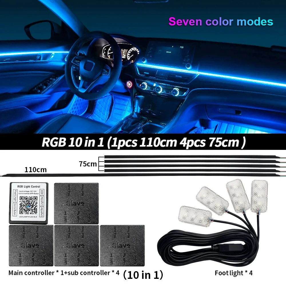 6/10/14/18 in 1 RGB LED Car Ambient Light - APP Controlled Acrylic Interior Atmosphere Strip with 64/213 Color Symphony Lighting