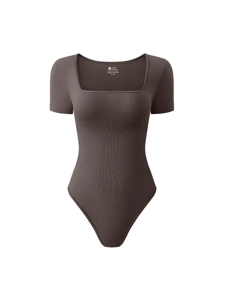 Women’s Early Autumn Square Neck Seamless Bodysuit – Short Sleeve Solid Color Body Shaping Jumpsuit Top