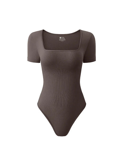 Women’s Early Autumn Square Neck Seamless Bodysuit – Short Sleeve Solid Color Body Shaping Jumpsuit Top