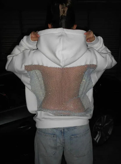 Women's Hollow Mesh Hoodie - Solid Color Backless Sweatshirt for Fall & Winter Fashion Gift