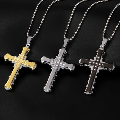 2024 Men’s Crystal Jesus Cross Pendant Necklace – Stainless Steel Zirconia Cross Jewelry in Gold, Black & Blue Color Options