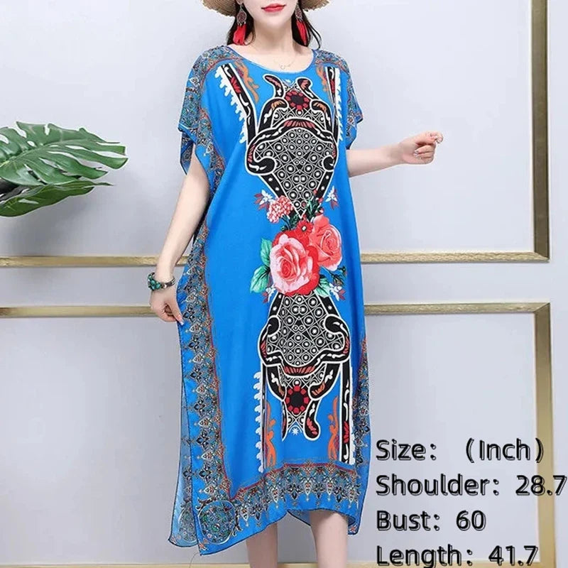 Women’s Bohemian Floral Tunic Dress - Retro Ethnic Print Batwing Sleeve Loose Summer Maternity Streetwear
