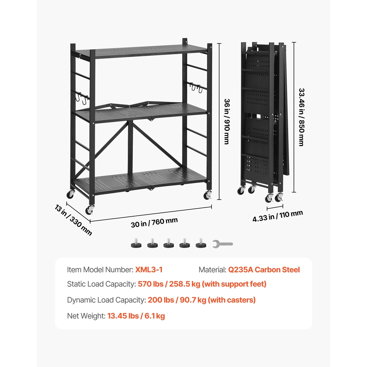 SucceBuy 3-6 Tier Black Foldable Storage Shelf — Wheeled Metal Rack Organizer for Kitchen & Garage