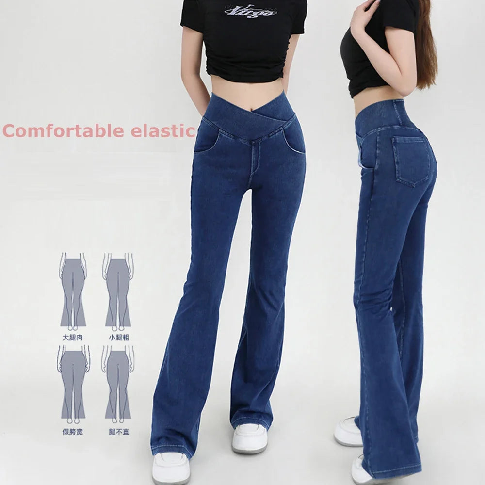 Women's High Waist Flare Leggings - Stretch Denim Yoga Pants for Fitness & Casual Wear