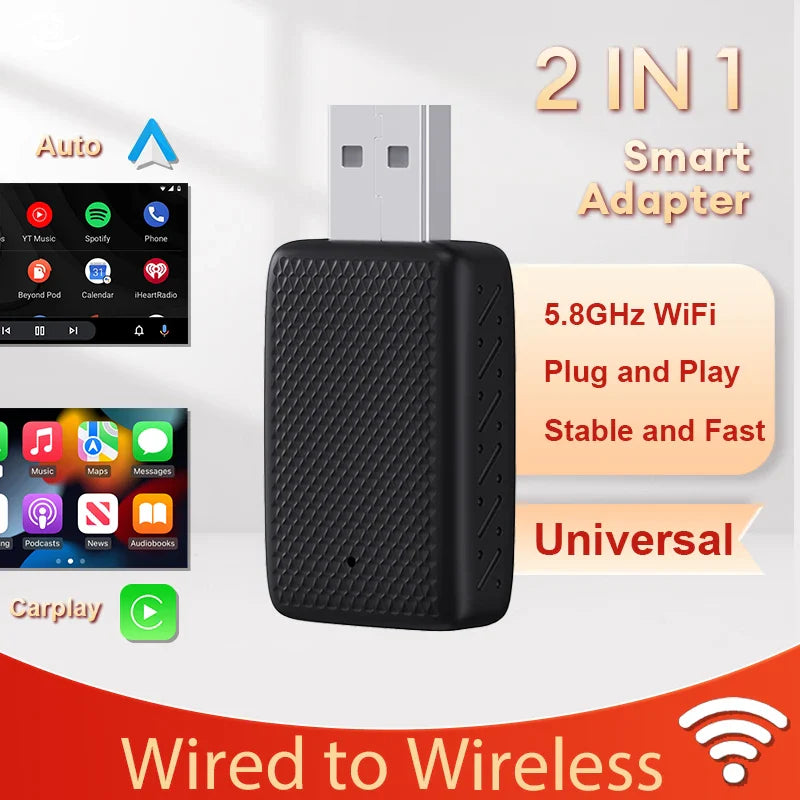Wired to Wireless CarPlay & Android Auto Adapter – 2-in-1 Smart Box with Auto Connect for Mazda, Audi, Kia, Ford