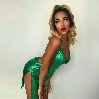 Women’s Elegant Short Dress – Sexy Backless Hanging Neck Sequin Party & Dance Dress