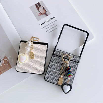 Weaving Leather Heart Pendant Phone Case for Samsung Galaxy Z Flip 7 / 6 / 5 / 4 – Hinge Protection Cover for Z Flip FE Flip6 Flip5 Fashion Protective Case