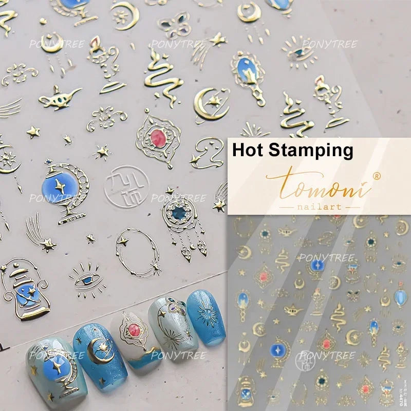 5D Gold Stamped Nail Art Stickers - Silver Sun Stars Snake Chinese Style Self-Adhesive Manicure Decals