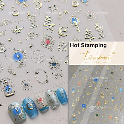 5D Gold Stamped Nail Art Stickers - Silver Sun Stars Snake Chinese Style Self-Adhesive Manicure Decals