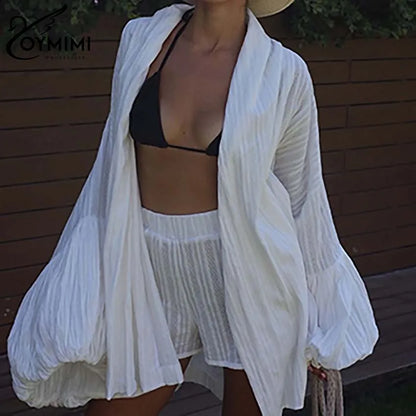 Oymimi Women’s White Cotton Two-Piece Set – Elegant Puff Sleeve Lace-Up Shirt & High-Waisted Shorts