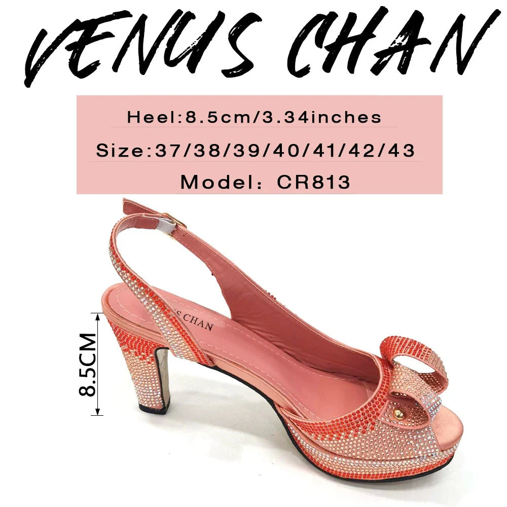 Venus Chan Women’s Rhinestone High Heels & Bag Set - Elegant Peach INS Style African Fashion Design