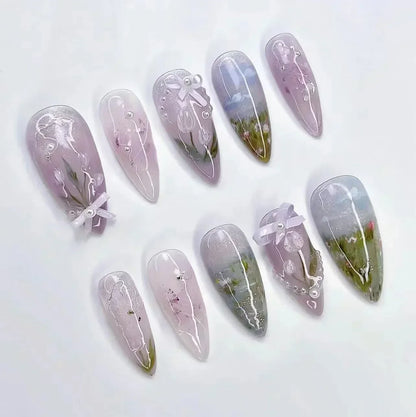 24PCS Pink Almond Press On Nails - Butterfly Ballet French Design Artificial Nail Tips for Stylish Nail Art