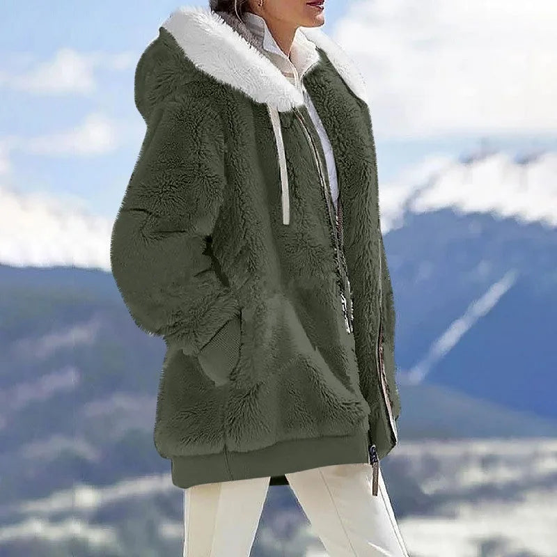 Autumn Winter Women's Hooded Coat – Casual Zipper Cashmere Fleece Jacket Solid Color Ladies Outerwear