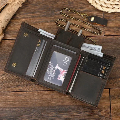 Men’s Genuine Leather Short Wallet with Chain – Trifold Zipper Clutch, Card Holder & Coin Purse