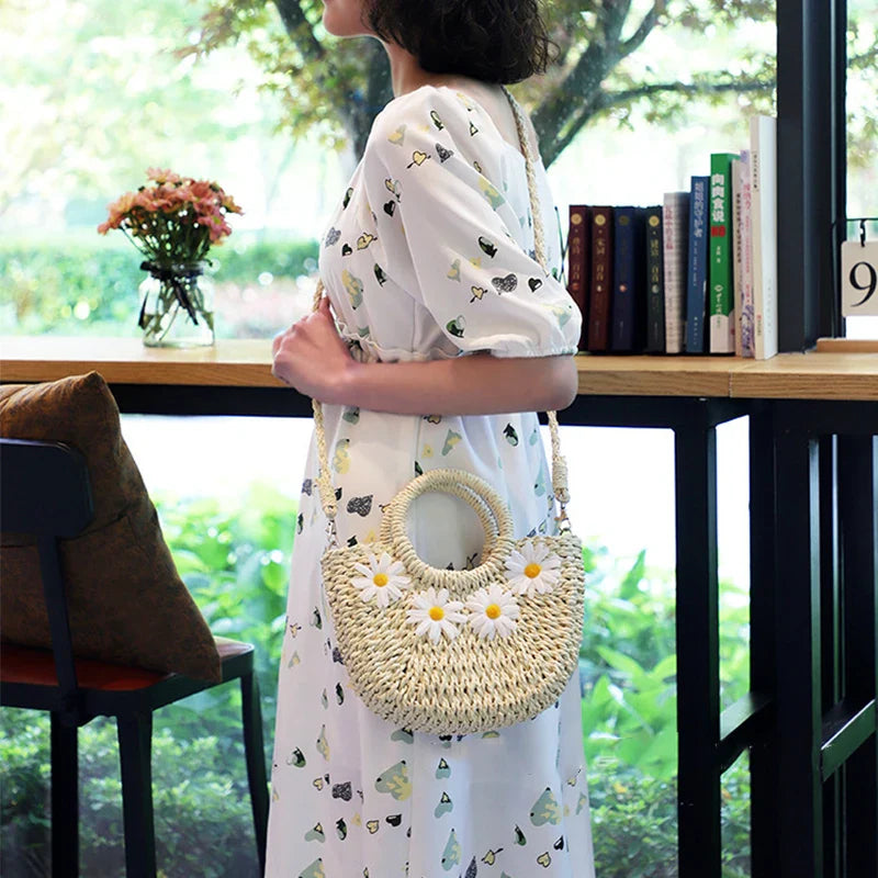 Hand-Woven Straw Beach Bag – Women’s Handmade Moon Basket Crossbody Bohemian Summer Tote