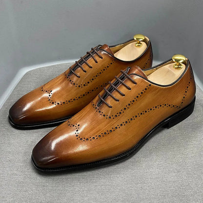 Men’s Genuine Calf Leather Oxford Shoes - Luxury Wingtip Lace-Up Business Brogue Dress Shoes