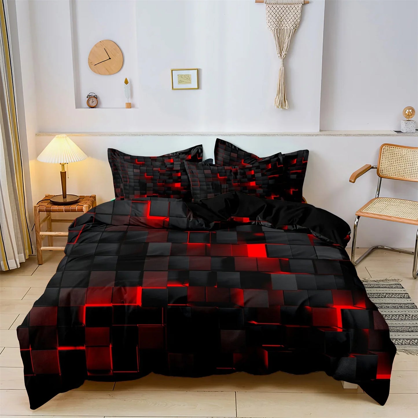 3PCS Geometric Grid Duvet Cover Set - Soft Plaid Bedding with 2 Pillowcases