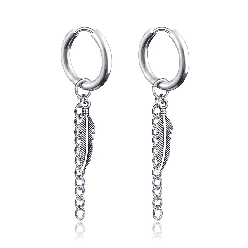 Long Hanging Cross & Leaf Hoop Earrings – Vintage Stainless Steel Hip Hop Unisex Jewelry Accessories