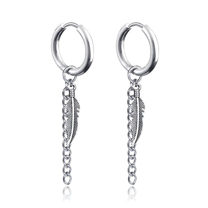 Long Hanging Cross & Leaf Hoop Earrings – Vintage Stainless Steel Hip Hop Unisex Jewelry Accessories