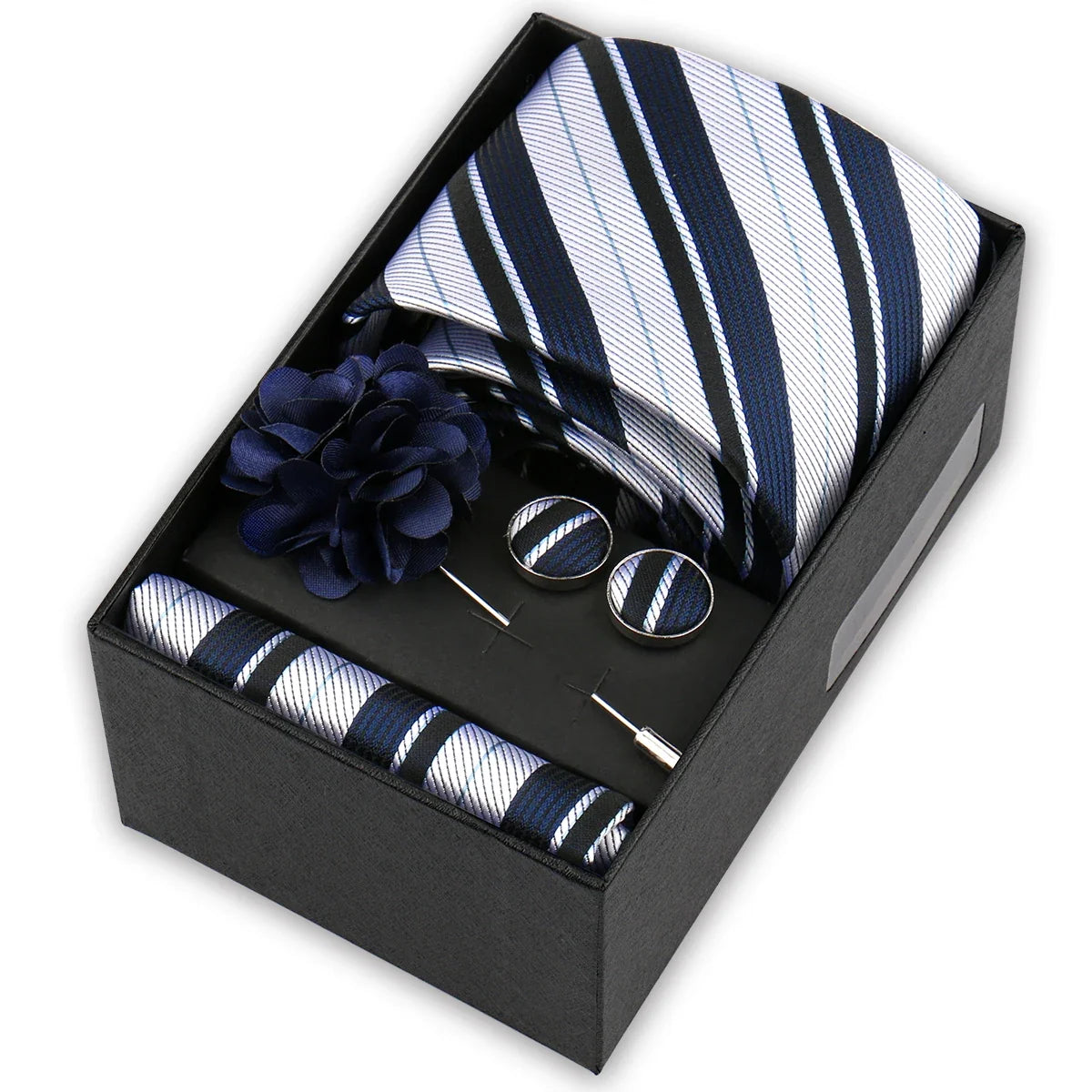 Men’s 4-Piece Tie Set Gift Box - Elegant Necktie with Handkerchief, Cufflinks & Brooch for Business, Wedding & Suit Accessories