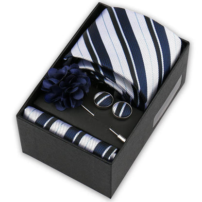 Men’s 4-Piece Tie Set Gift Box - Elegant Necktie with Handkerchief, Cufflinks & Brooch for Business, Wedding & Suit Accessories