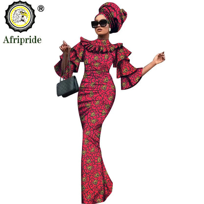 African Bazin Riche 2-Piece Dress Set - Plus Size Bodycon Dress with Headwrap for Women