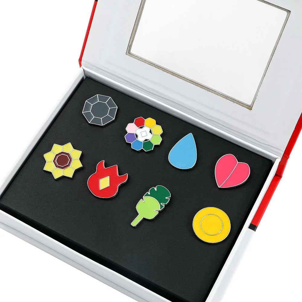 Pokemon Gym Badges Pin Set — Kanto, Johto, Hoenn, Sinnoh, Unova, Kalos & Orange Islands League Brooches with Box, Pocket Monster Collection