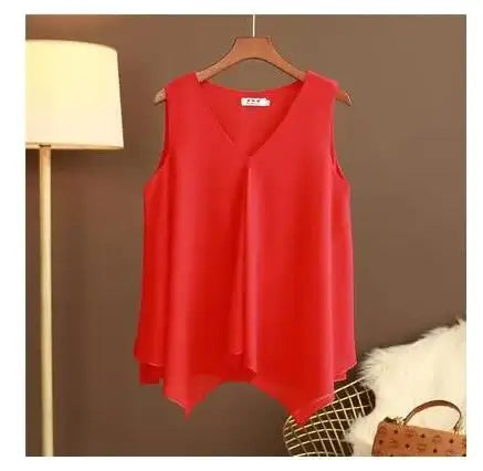 Women's Chiffon V Neck Blouse - Loose Sleeveless Plus Size Fashion Top M-5XL