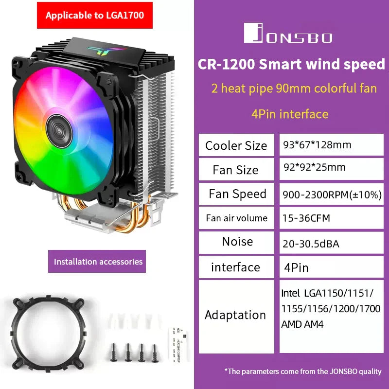 Jonsbo CR1200 RGB CPU Cooler — 2 Heat Pipe Tower with 9cm Colorful Fan for Intel LGA115X/775 & AMD AM4