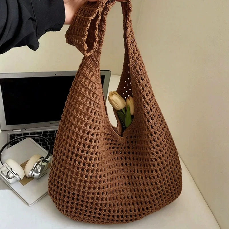 Crochet Shoulder Bag - Summer Woven Hollow Beach Tote for Vacation & Everyday Use