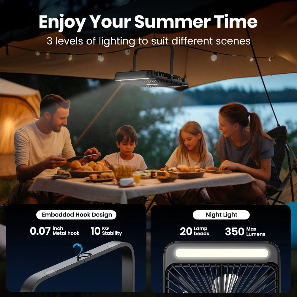Warmco D4 Portable Desk Fan – 8" Rechargeable Camping Fan with 20000mAh Battery, Light, 48H Runtime, Silent Operation, Digital Display