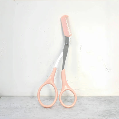 Pink Eyebrow Trimming Scissors - Stainless Steel Brow Grooming Tool with Built-In Comb