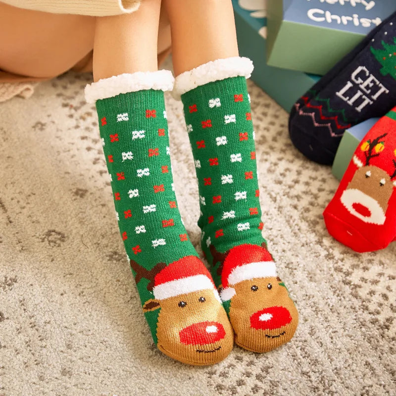 Winter Plush Women’s Non-Slip Floor Socks – Fuzzy Soft Penguin, Deer, Elk & Bear Slippers, Cozy Christmas Gift