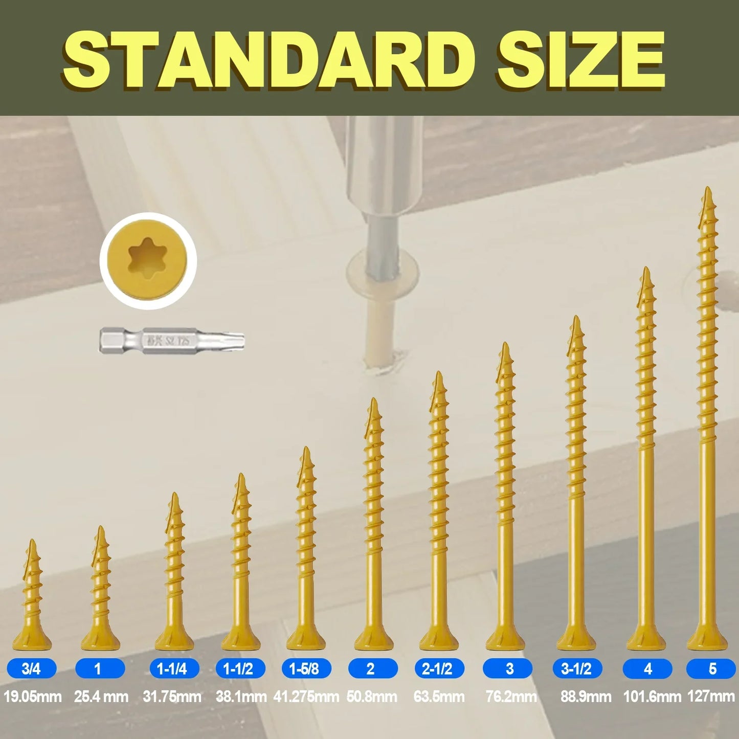 250-Piece T25 Yellow Wood Screws - #8 x 1.5-Inch Star Drive Self-Tapping Screws for DIY, Decks, Fences & Furniture
