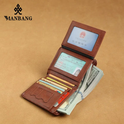 Manbang Genuine Leather Men’s RFID Blocking Trifold Wallet – High Quality Card Holder with ID Window Slim Business Wallet for Men