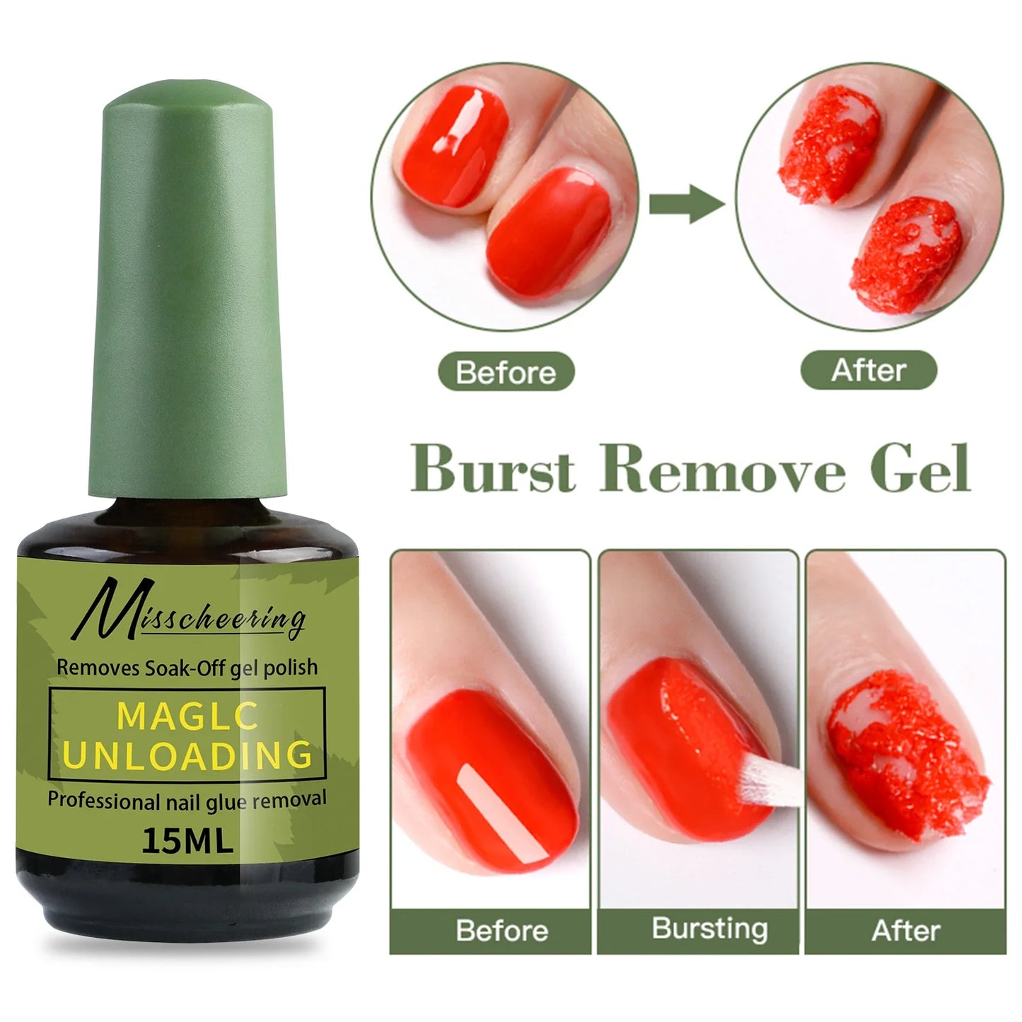 Misscheering 15ml Magic Nail Gel Remover - Fast UV Soak Off Polish Cleaner for Semi-Permanent Manicure