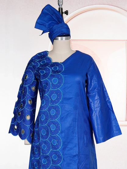 Plus Size African Dashiki Dresses - 2026 Ankara Embroidery Bazin Riche Wedding & Party Dress with Headscarf