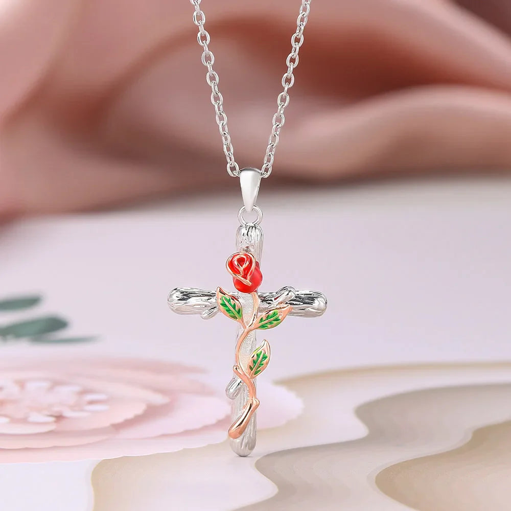 Heart Cross Pendant Necklace for Women – Double Color Aesthetic Choker Chain with Cross Design, Stainless Steel Christmas Gift Jewelry N231