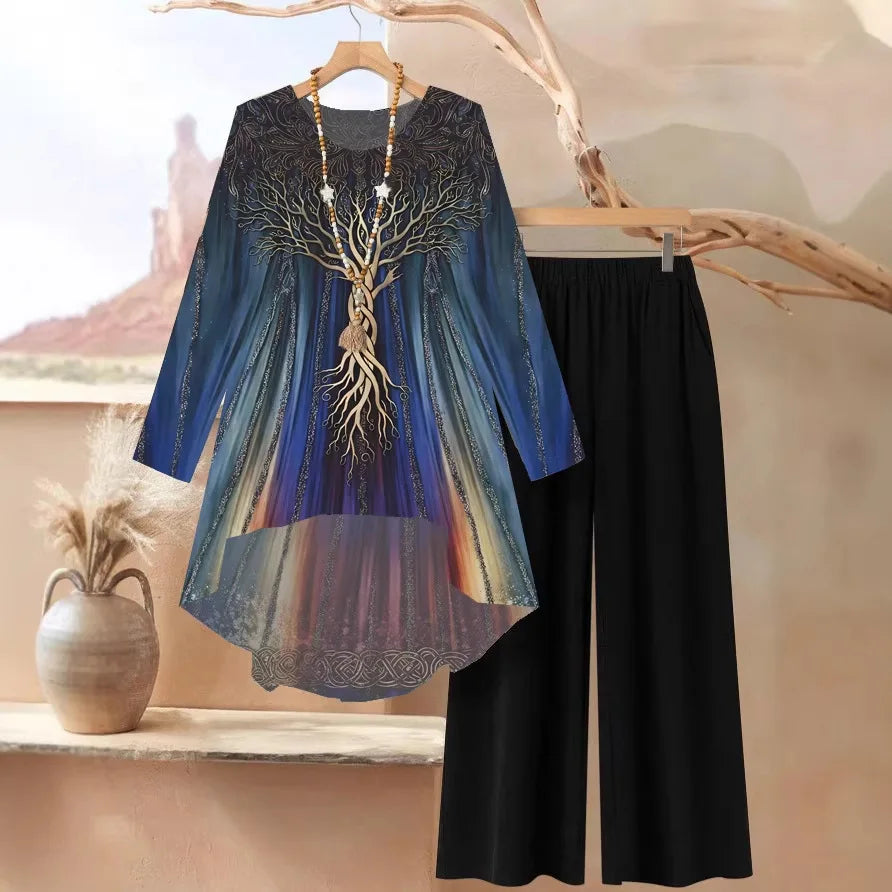 Plus Size 2 Piece Outfit Set - Floral Long Sleeve Blouse and Wide Leg Pants Casual Women's Suit