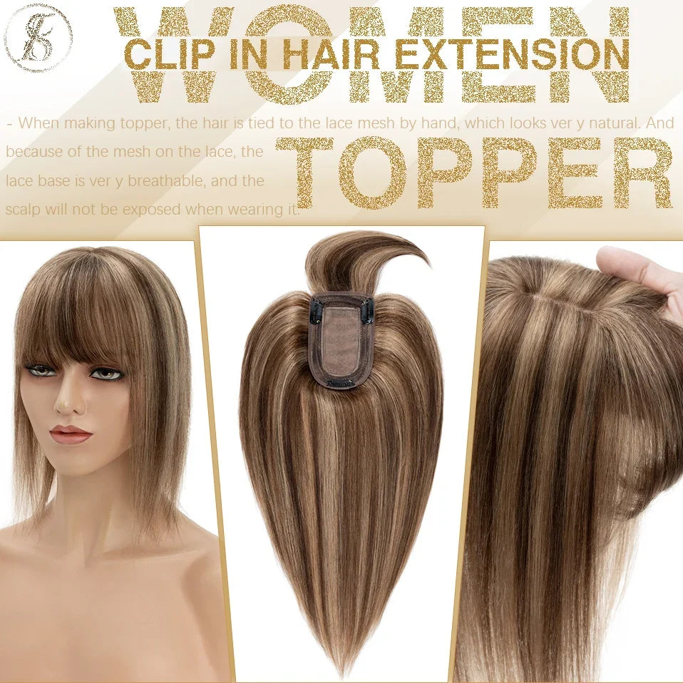 TESS Women Human Hair Topper With Bangs - 7x12.5cm Silk Base Clip In Hair Extension Natural Wigpiece
