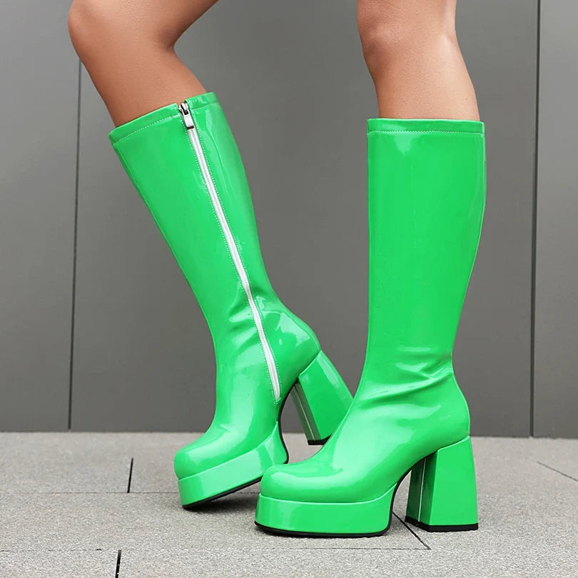 Women’s Plus Size Patent Leather Knee Boots - Square Toe Platform Thick Heel Plush Lined Side Zipper Boots