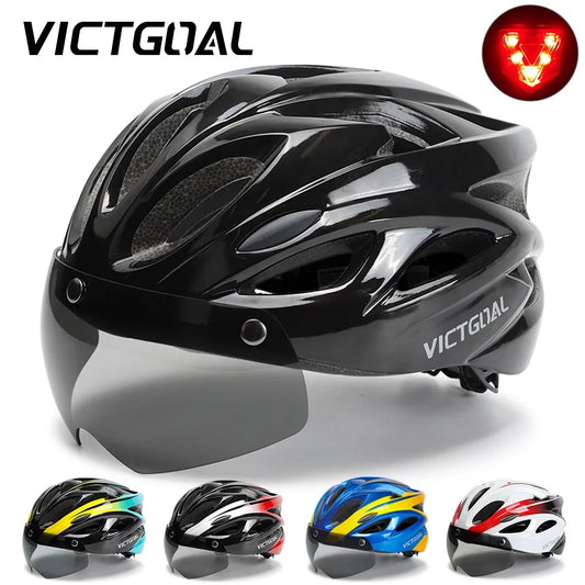 VICTGOAL Cycling Helmet for Men – MTB & Electric Scooter Safety Helmet with LED Taillight, Magnetic Goggles & UV400 Sun Visor