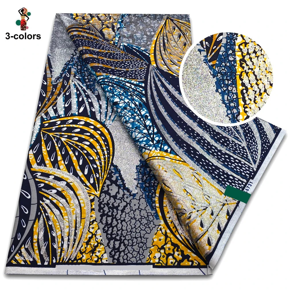 African Glitter Golden Wax Fabric - Nigerian Ankara Gold Print 6 Yards Sewing Material