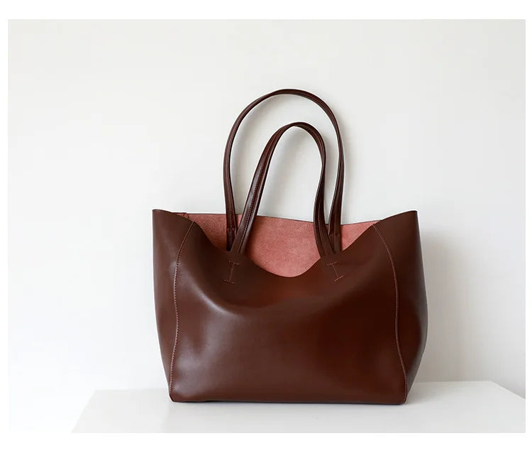 Customized Letter Genuine Leather Tote Bag – Large Capacity, Practical Commuter & Shopping Bag, Cowhide Large Bag