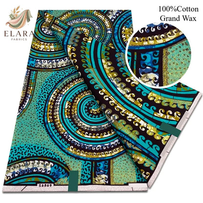 Grand Super African Wax Fabric - 100% Cotton Nigerian Glitter Glam Gold Ankara Print for Sewing