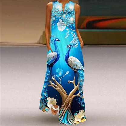 Women’s Retro V-Neck Summer Dress - Sleeveless Printed Maxi Swing Skirt with Loose Comfortable Fit
