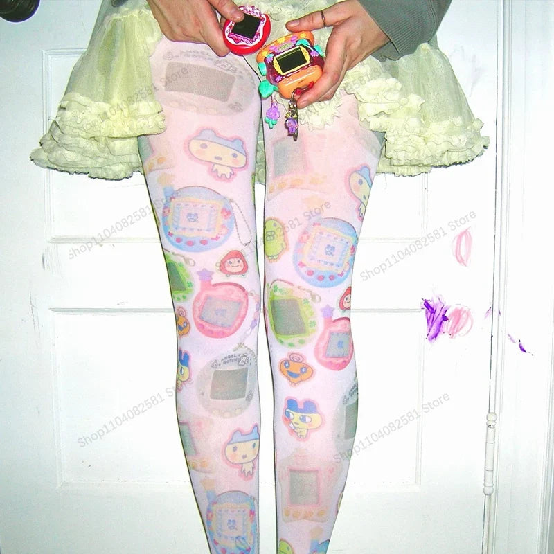 Y2K Cartoon Print Long Socks - Kawaii Harajuku Grunge Emo Socks for Women