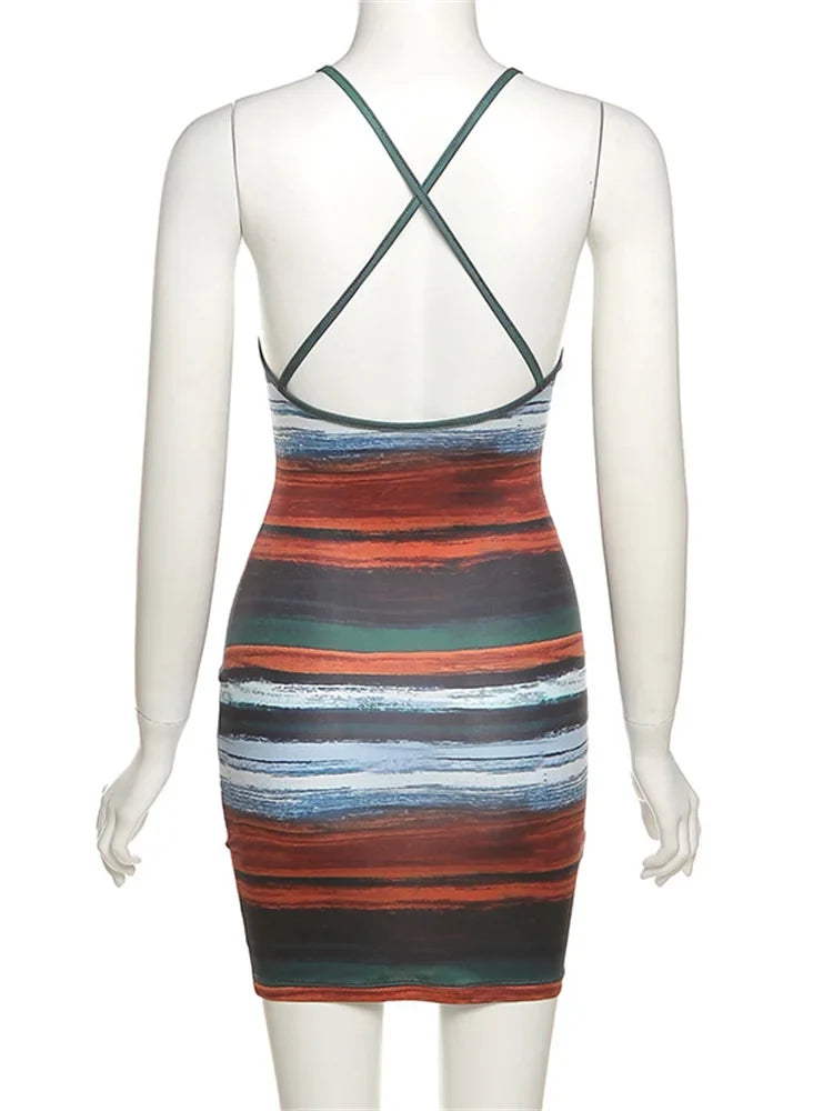 Kliou Striped Mini Dress - Sexy Backless Slash Neck Vintage Clubwear