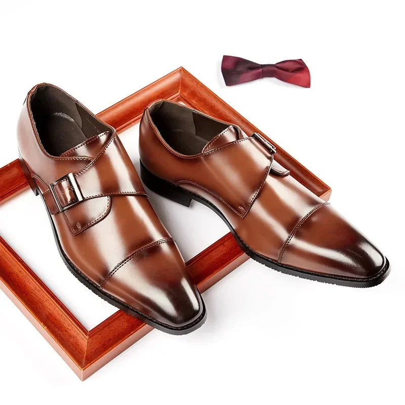 Men’s Genuine Cow Leather Monk Strap Shoes - Single Buckle Cap Toe Business & Wedding Dress Shoes